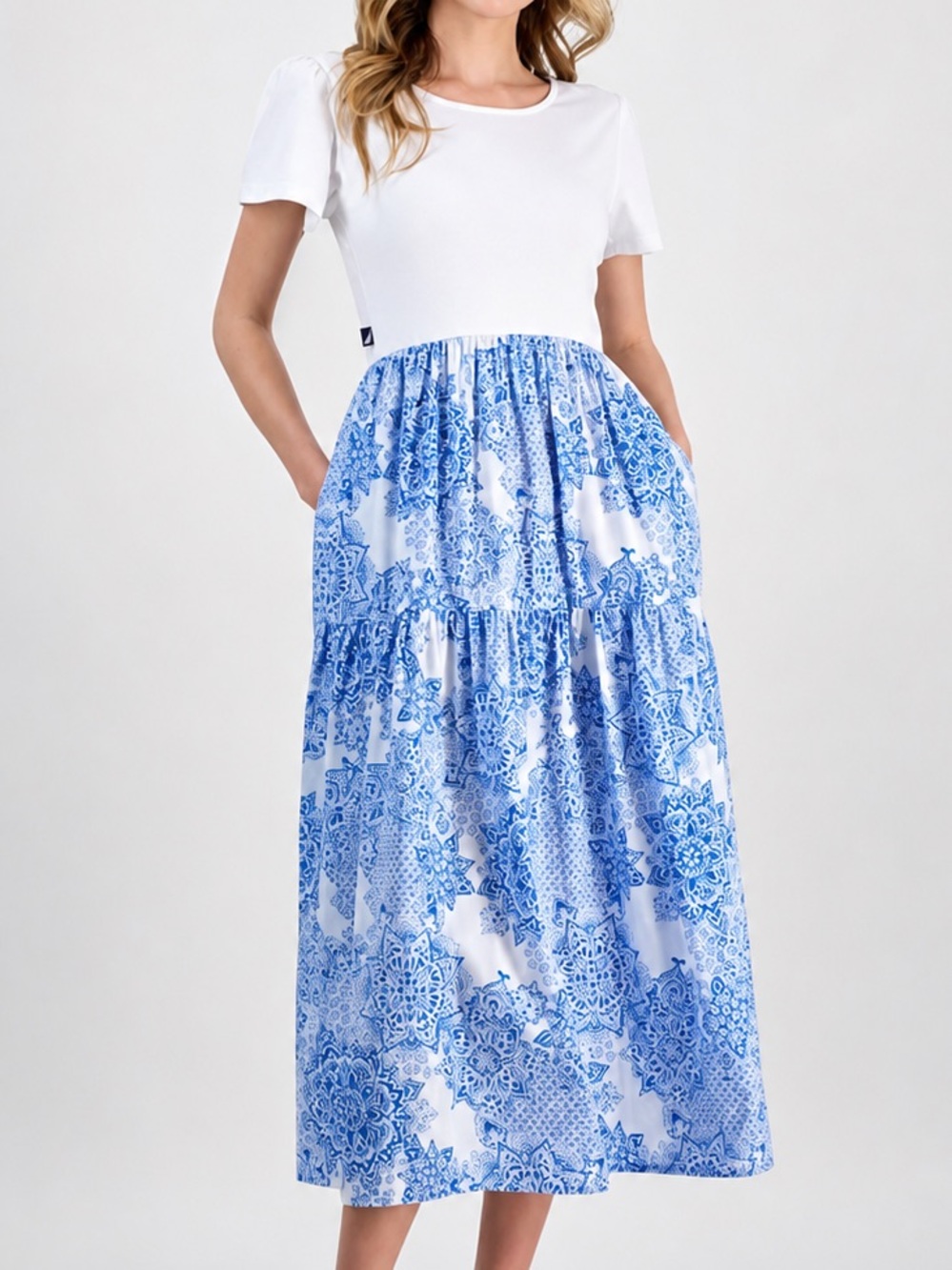 🆕🦋Nautica Jeans Blue White Midi Dress L Floral Print Tiered Cotton Summer Casual
